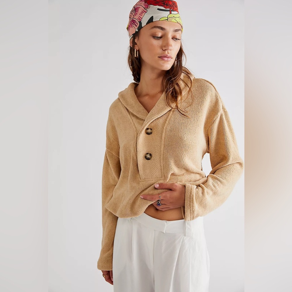 Free People Cropped Shawl Collar Button-Up Sweatshirt in Beige